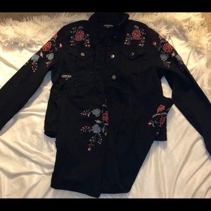 Black Denim Flower Embroiled 2pc Set.